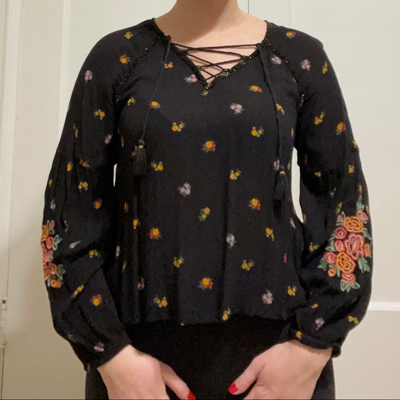 Arizona Jean Company Tops - Black Floral Boho Long Sleeve Shirt
